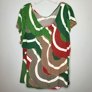 Worthington Short Sleeve Green, White, Red Abstract Geometric Print Blouse Sz 3X